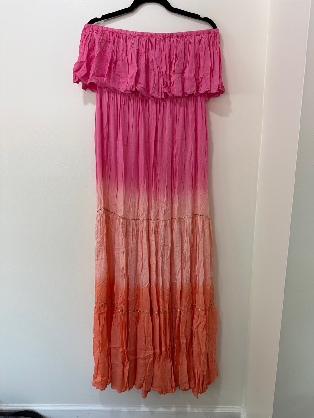 Ombre Pink to Coral Off-Shoulder Maxi Dress